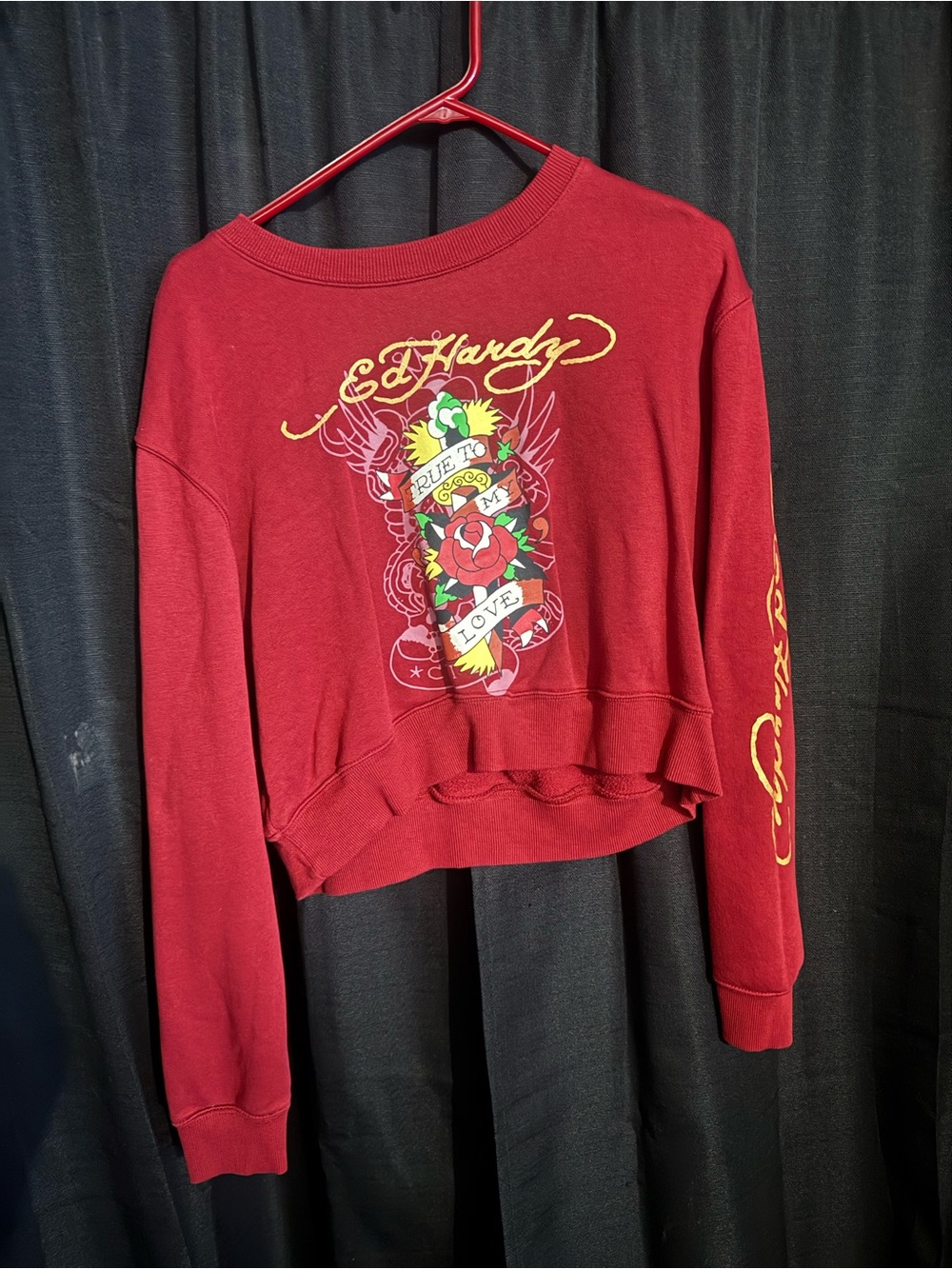 Ed Hardy Red Crewneck Sweatshirt with Tattoo-Inspired Graphic
